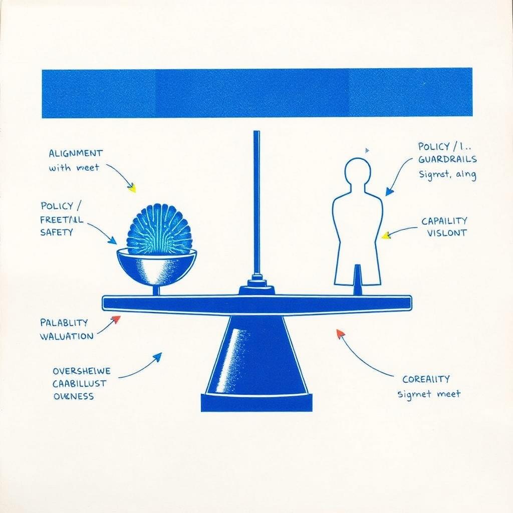 A balance scale weighing an AI core against human policy and oversight guardrails with annotated arrows - risograph field plate.