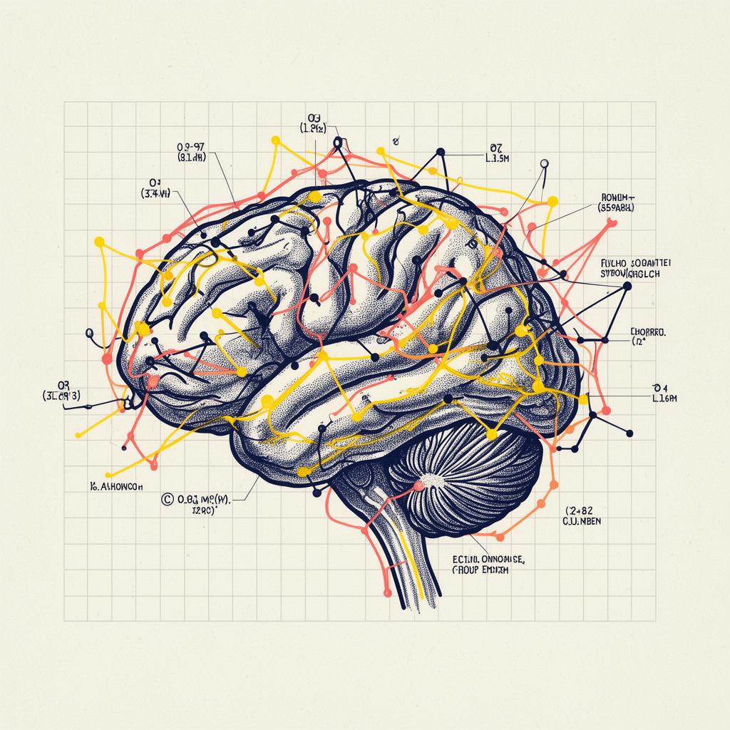 Illustrated diagram of a human brain overlaid with a colored neural network graph, rendered as a risograph field plate
