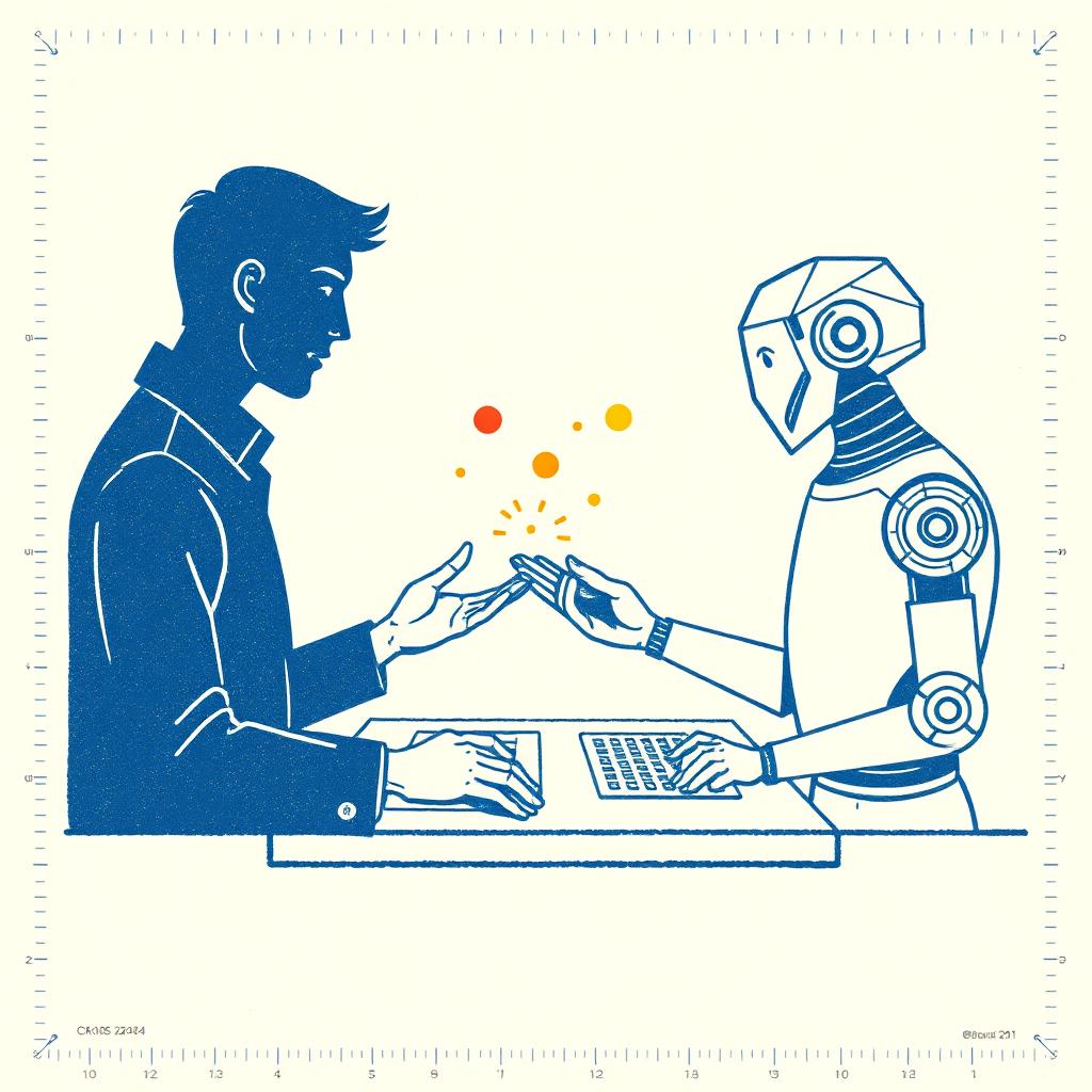 Two stylized figures, one human and one geometric AI agent, exchange glowing tokens of information across a shared workspace - risograph field plate.