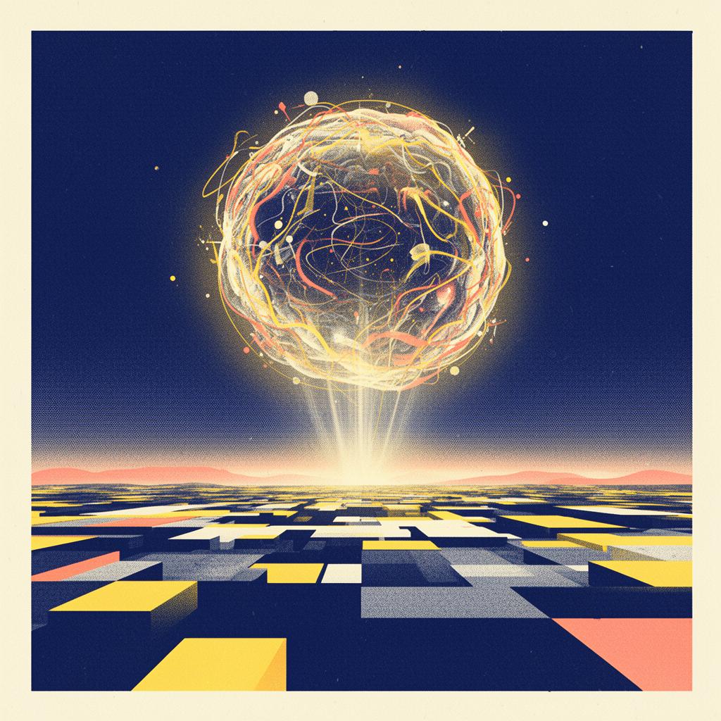 A luminous sphere of intelligence rising above a flat geometric horizon, rendered as a risograph plate