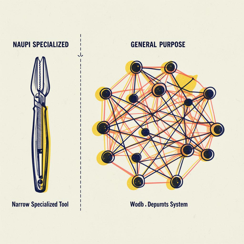 Side-by-side risograph diagram comparing a narrow specialised tool with a general-purpose interconnected network